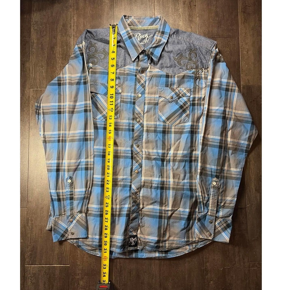 Rock 47 by Wrangler Western Shirt Mens XL Blue Plaid Embroidered Yoke Snap Front - Picture 7 of 7